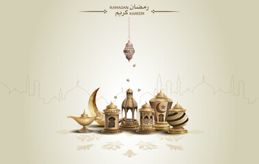 islamic greetings ramadan kareem card design template background with beautiful lanterns and crescent