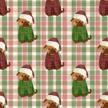 Seamless pattern of grumpy sitting pug in santa hat and wear christmas sweater on plaid gingham vichy check red green background - watercolor handdrawn illustration