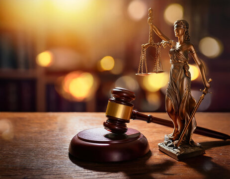 La balanza de la justicia junto a un mazo de juez sobre una mesa de despacho con luces doradas desenfocadas