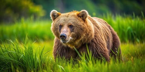 Fototapeta premium Majestic babr prowling through lush green grass in the wilderness, showcasing its natural beauty