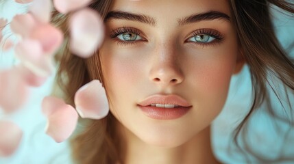 A close-up portrait of a young woman with pink rose petals falling around her face. Her eyes are wide and her expression is soft and gentle.