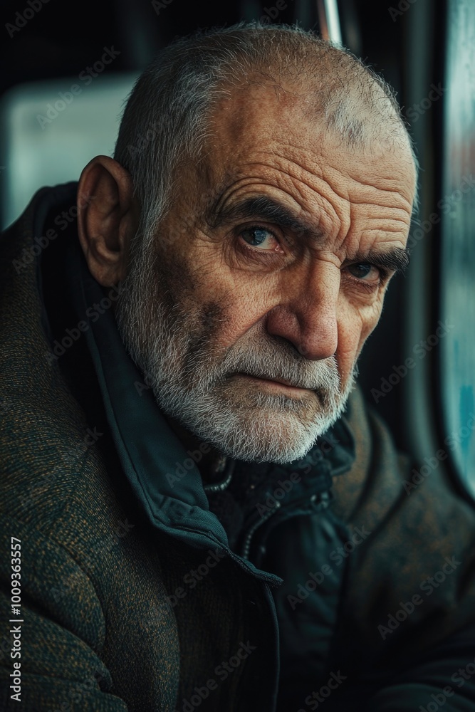 Poster Man sitting on a bus looking out the window, possibly lost in thought
