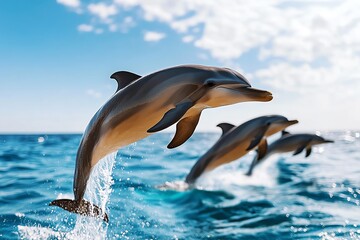A group of dolphins leaping out of the ocean, their sleek bodies glistening in the sun as they playfully interact with one another in their natural environment