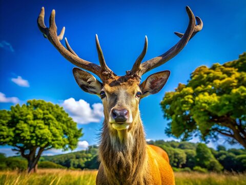 Majestic Barza in Natural Habitat with Lush Green Background and Clear Blue Sky Above It