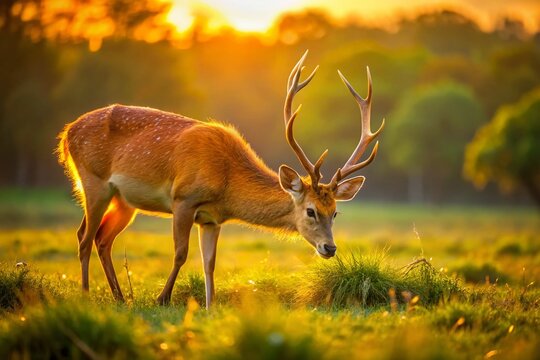 Majestic Barasingha in Natural Habitat Grazing Gracefully Under Golden Sunlight at Dusk