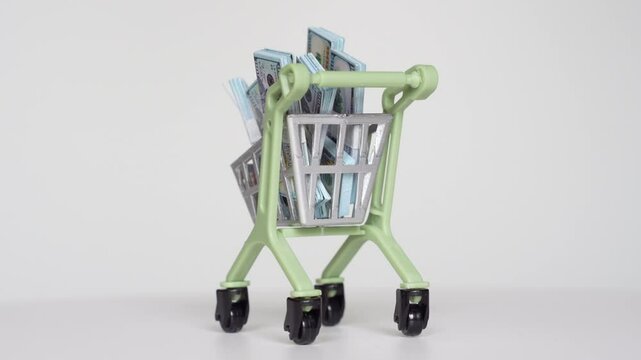 360-degree view of a toy shopping cart loaded with stacks of hundred-dollar bills, showcasing a unique perspective on wealth and consumerism.