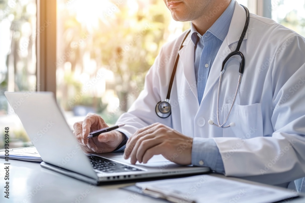 Poster a scientist in a lab coat is focused on his laptop, possibly working on a project or conducting rese