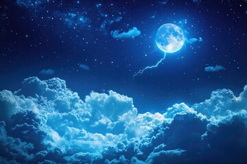 A full moon shines bright in the dark night sky, accompanied by some clouds