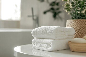 Stacked white towels on a table, ideal for bathroom or spa settings