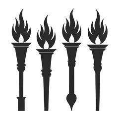 Set of solid black torch vector icons with unique flame and handle designs in silhouette style.
Torch icon set in solid black silhouette style, ideal for logos, emblems, or decorative elements.