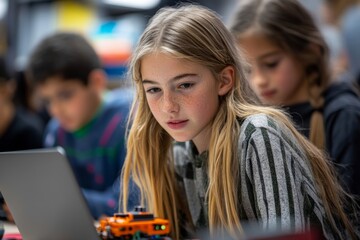 Obraz premium Girl explains robot programming code to classmates on a laptop, Generative AI