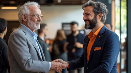 Fototapeta premium Two men shaking hands in a business setting