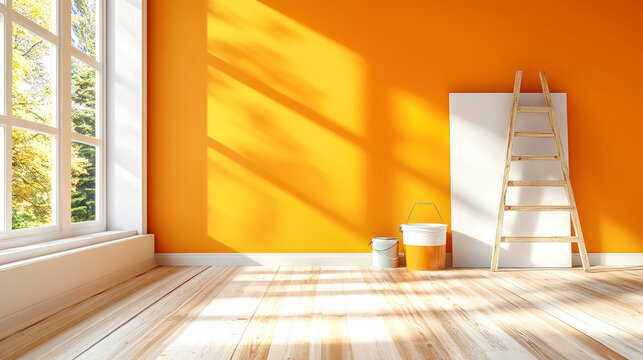 Brightly painted orange room with wooden floors, renovation tools, and a canvas ready for artistic inspiration during daylight