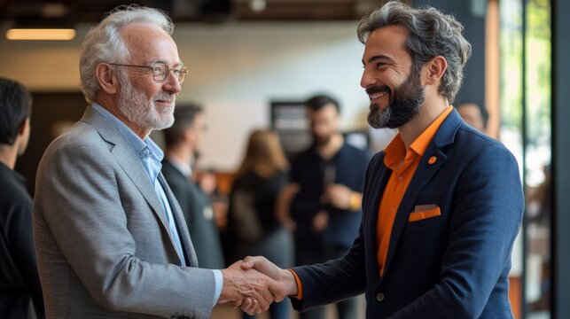Two men shaking hands in a business setting