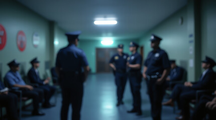 A blurred image of a group of police officers in uniform gathered in a corridor