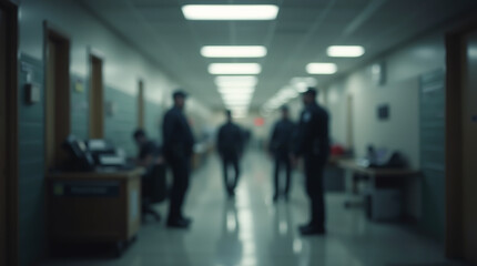 A blurred image of a group of police officers in uniform gathered in a corridor