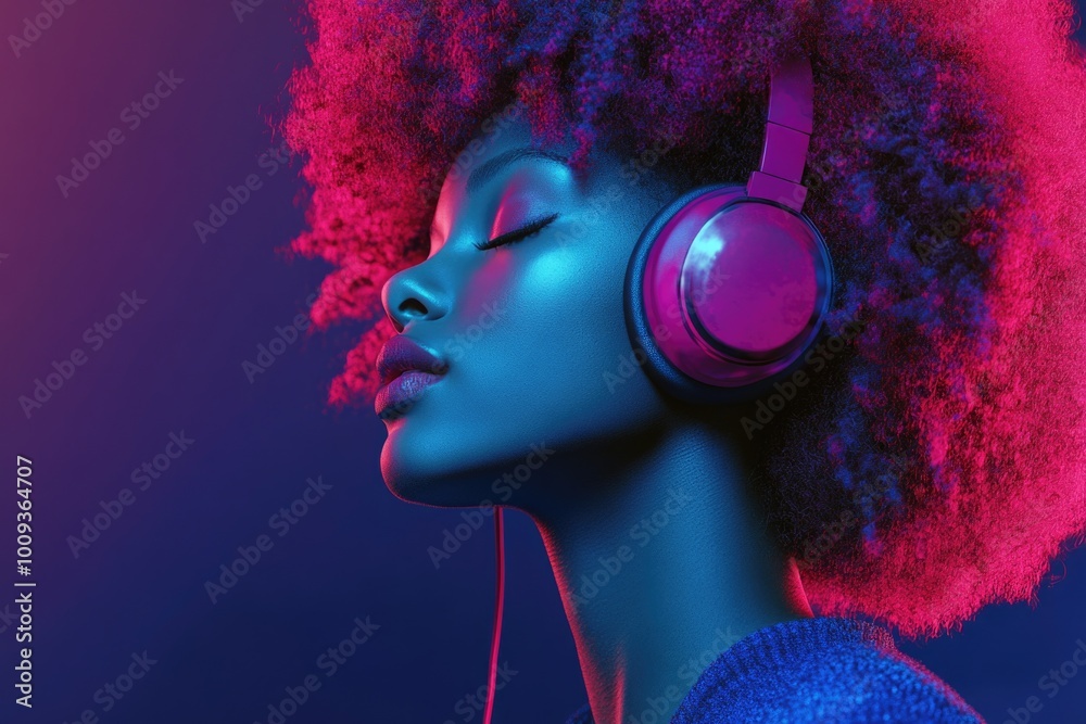 Wall mural A person wearing headphones and a blue sweater, possibly working or relaxing