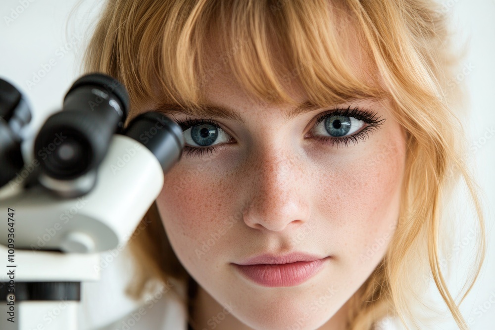 Poster scientist studying cells under magnification