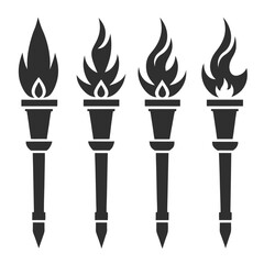 Set of solid black torch vector icons with unique flame and handle designs in silhouette style.
Torch icon set in solid black silhouette style, ideal for logos, emblems, or decorative elements.