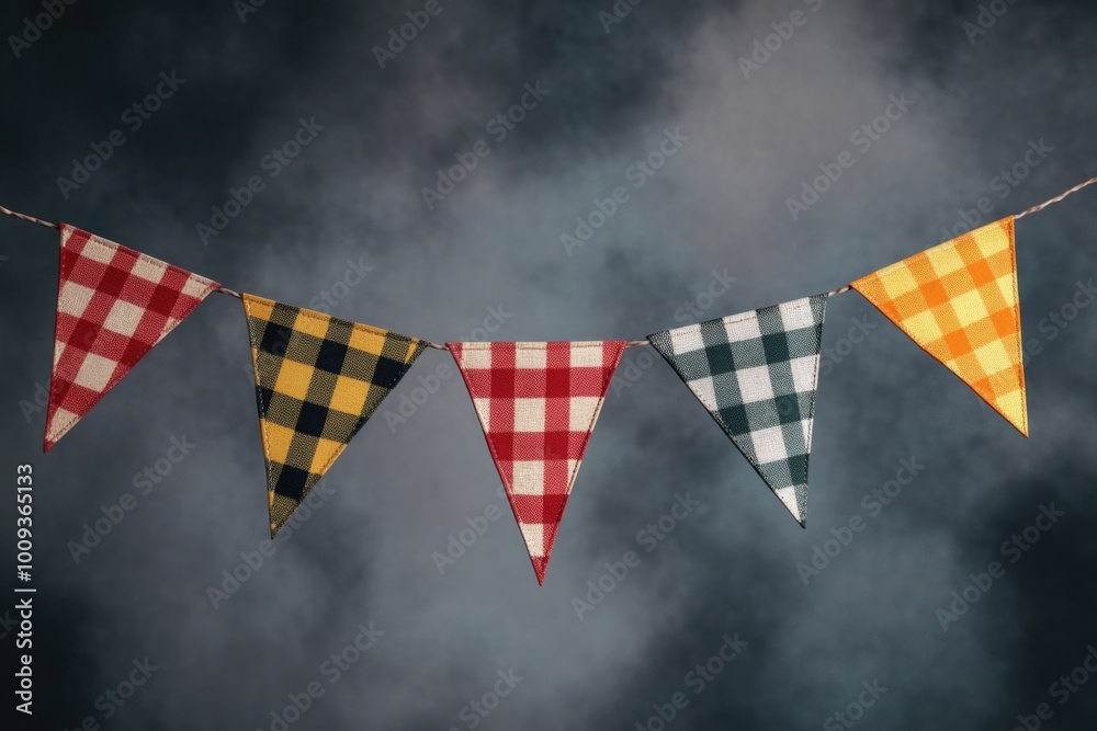 Poster A row of colorful flags hanging from a string