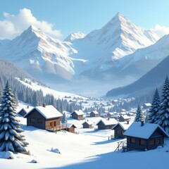 A serene winter landscape featuring charming snow-covered cabins nestled among towering mountains, perfect for travel, outdoor activities, and holiday themes.