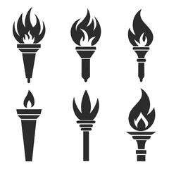 Set of solid black torch vector icons with unique flame and handle designs in silhouette style.
Torch icon set in solid black silhouette style, ideal for logos, emblems, or decorative elements.