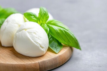 mozzarella cheese ball on a wooden board with basil leaves with grainy gray background