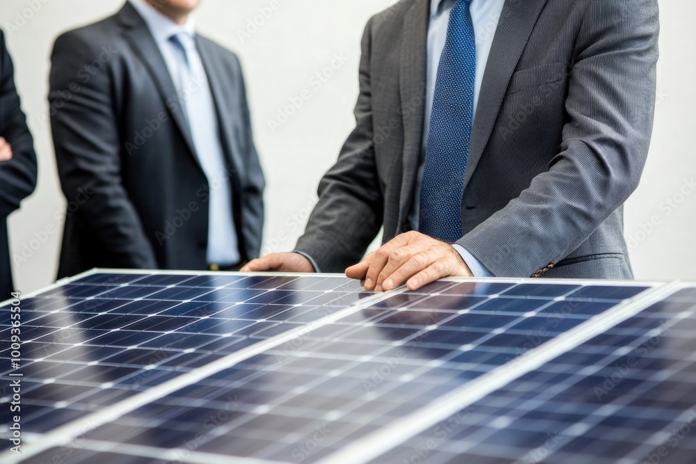 Poster a businessman stands in front of a solar panel, representing a connection between industry and renew