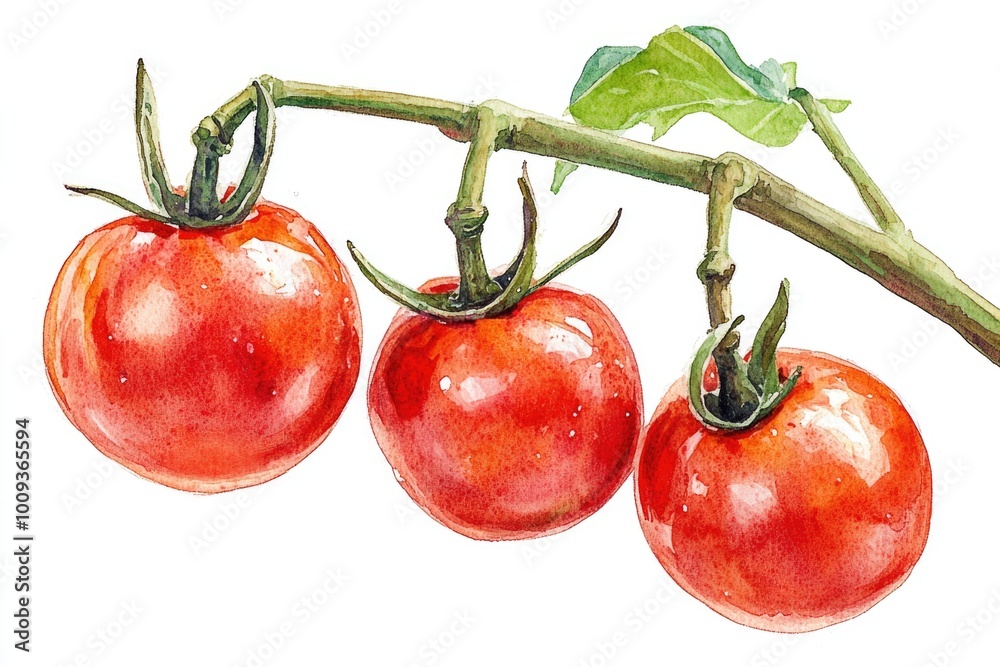 Poster a still life image of three ripe tomatoes hanging from a branch