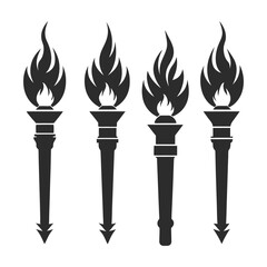 Set of solid black torch vector icons with unique flame and handle designs in silhouette style.
Torch icon set in solid black silhouette style, ideal for logos, emblems, or decorative elements.