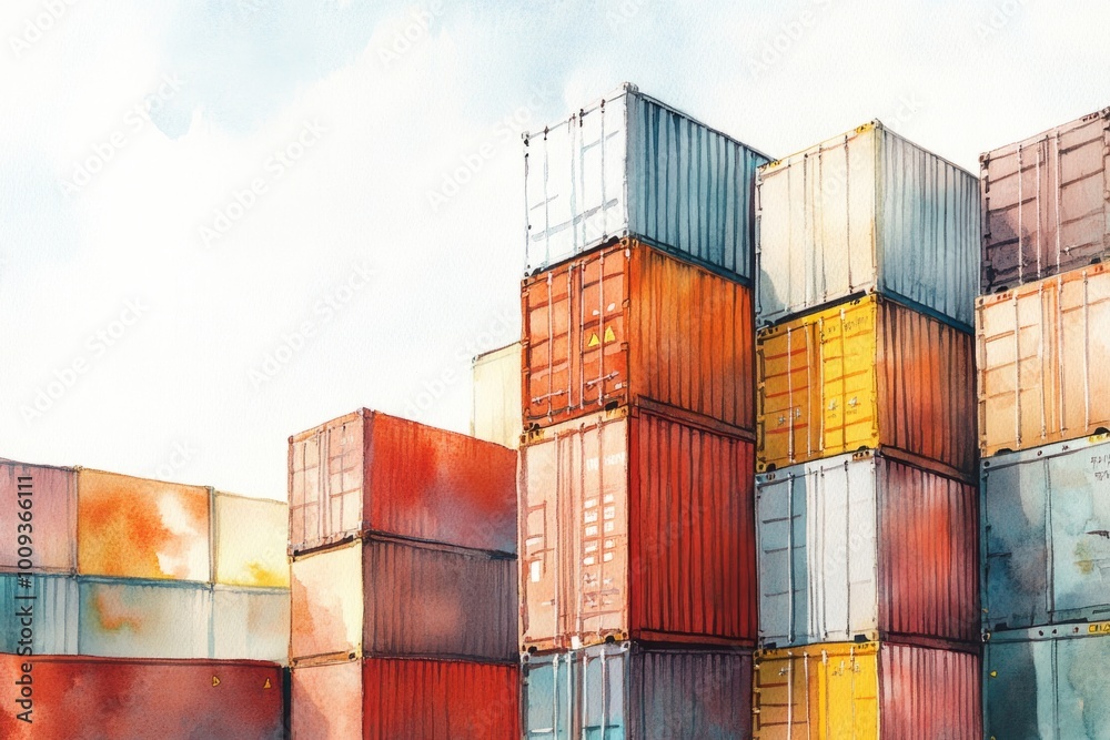 Poster a pile of containers stacked on top of each other, suitable for use in urban or industrial scenes