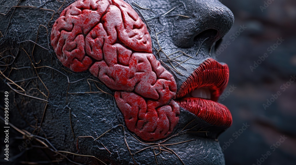 Poster a close-up shot of a person's face with a brain placed on their forehead, ideal for use in medical o