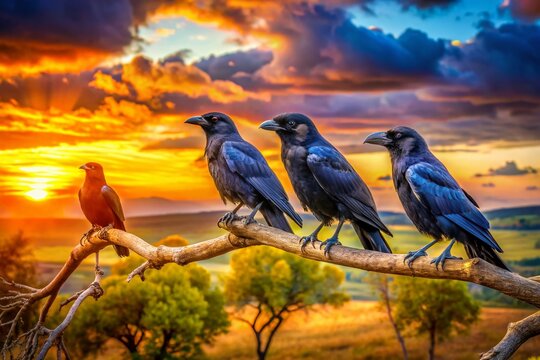 Majestic corvos perched on a branch against a vibrant sunset backdrop in a serene natural setting