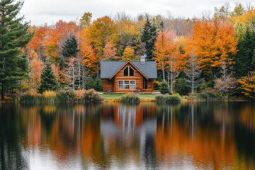 Fototapeta premium Cozy log cabin sitting on the edge of a serene lake, surrounded by lush trees