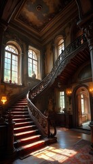Obraz premium A historic castle interior featuring grand staircases and ornate architecture, evoking a sense of elegance and timeless beauty.