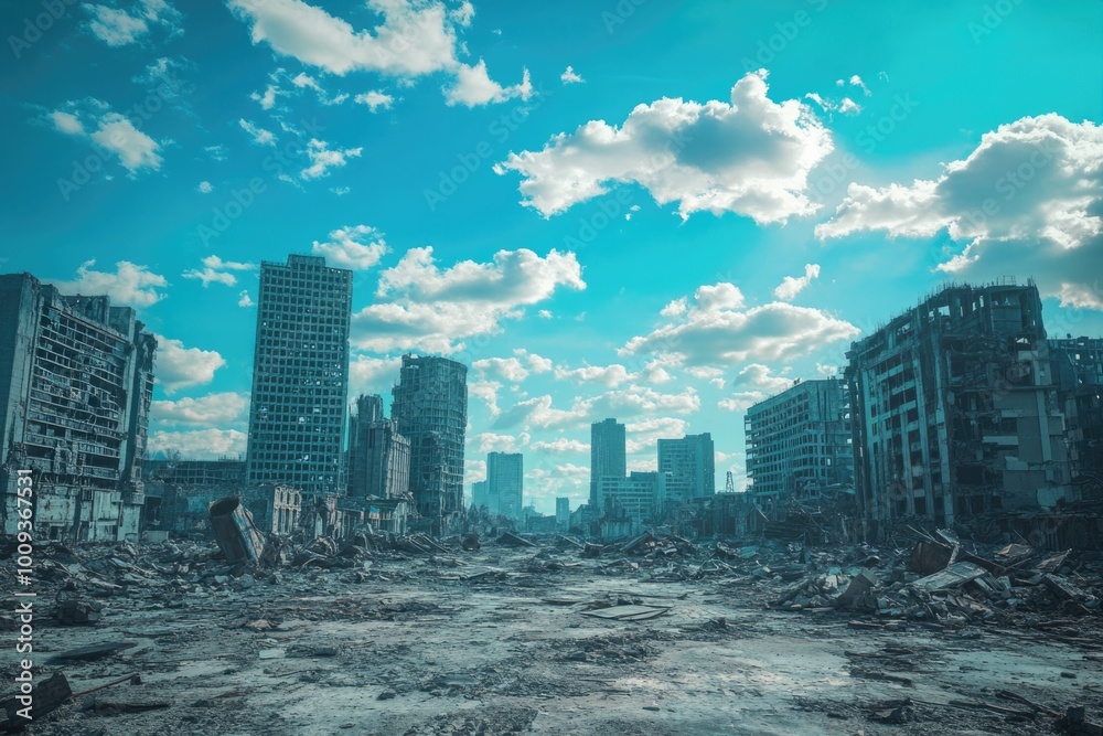 Poster aerial view of a city with significant rubble and damage, suitable for use in news or documentary-st