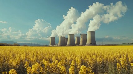 A serene landscape of a field of yellow flowers with smoke billowing from industrial stacks in the distance