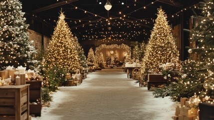 Christmas market indoor scene with festive decorations and snow-covered trees. Traditional holiday and winter celebration concept.