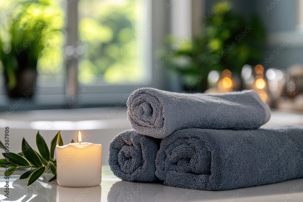 Poster a pair of towels resting on a countertop alongside a lit candle