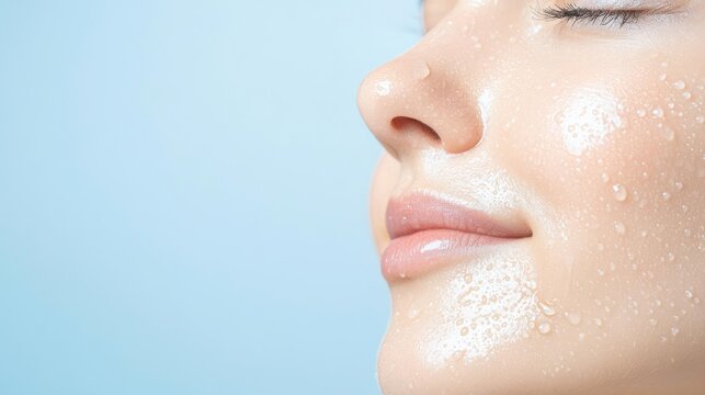 Close-up of a woman's face with visible hydration droplets, capturing the essence of skin renewal, Skin care, Hydration