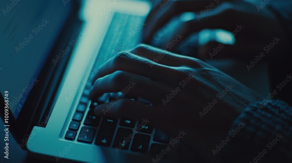 Poster A person working on a laptop in low light conditions, ideal for use in scenes where characters are working late at night or in a dimly lit room