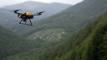 Fototapeta na wymiar Orange drone flies over picturesque mountain valley