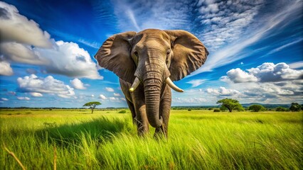 Fototapeta premium Majestic Elephant Gawping with Curiosity in a Lush Green Savannah Under Bright Blue Sky