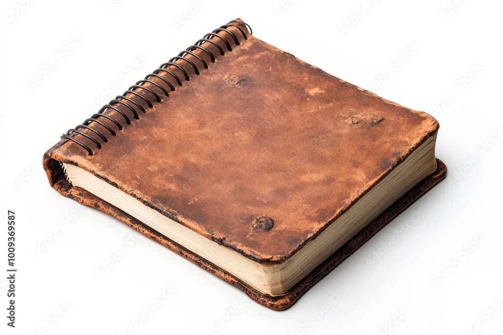 Poster a single brown book with a spiral binding placed on a plain white background