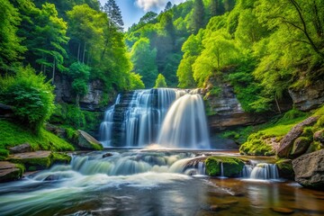 Fototapeta premium Majestic Elk River Falls Cascading Through Lush Green Forest in North Carolina's Scenic Wilderness