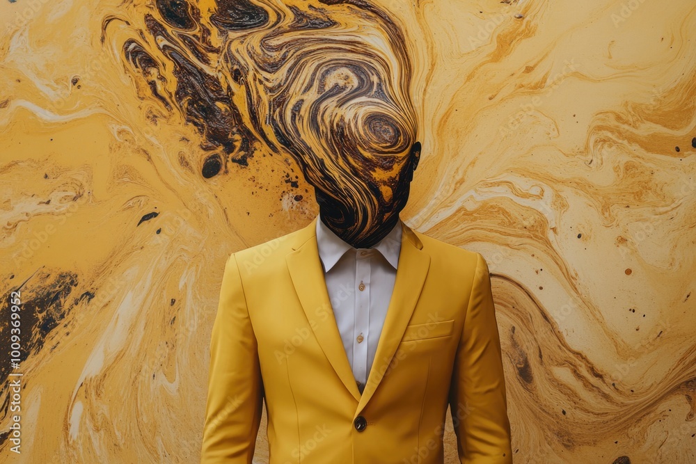 Wall mural a person in a bright yellow suit standing near a large oil painting