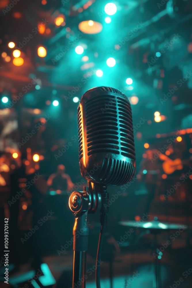 Poster A microphone stands ready on its stand in front of a stage, waiting for its next use