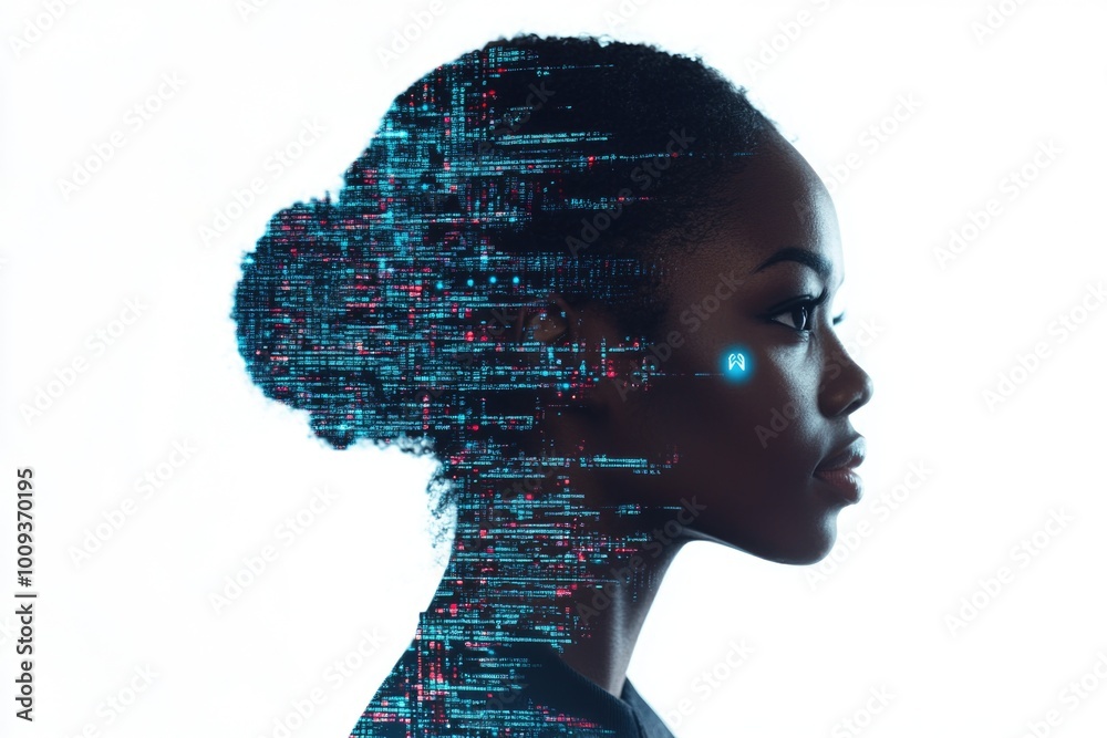 Poster a woman with a distinctive futuristic appearance, suitable for sci-fi or technology-related concepts