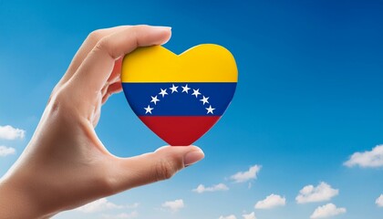 手で持っているベネズエラの国旗のハートと青空(Heart of Venezuela flag held in hand and blue sky.)
