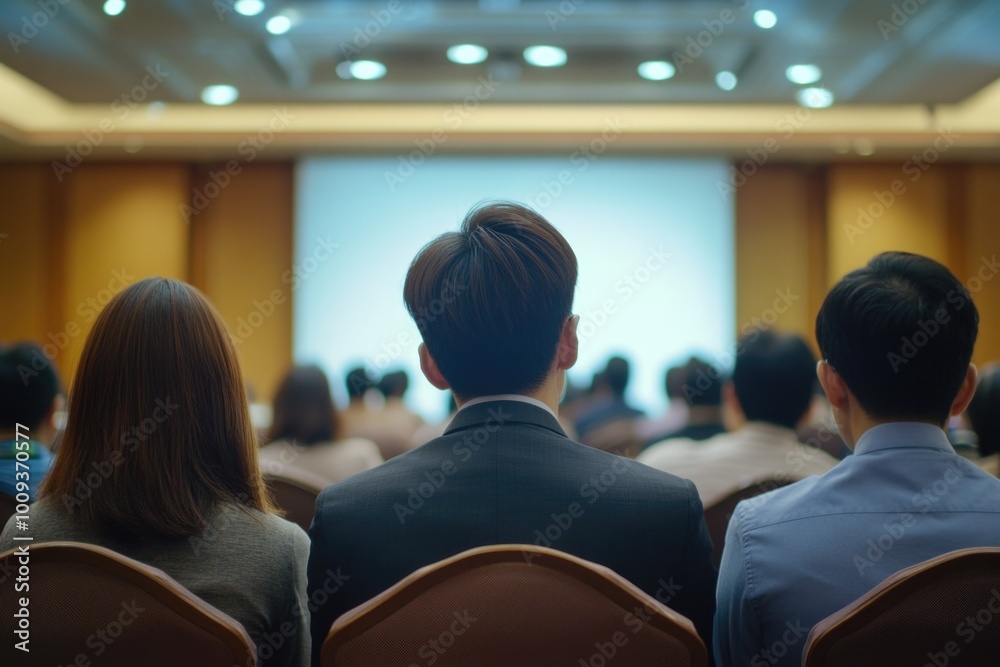 Poster a group of people seated in front of a projector screen, engaged in a presentation or meeting